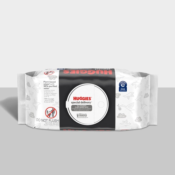 A pack of Huggies Special Delivery wipes with a gray background